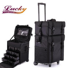 Black 2 in 1 Soft Rolling Makeup Travel Train Case Cosmetic Organizer Beauty Trolley Storage Box